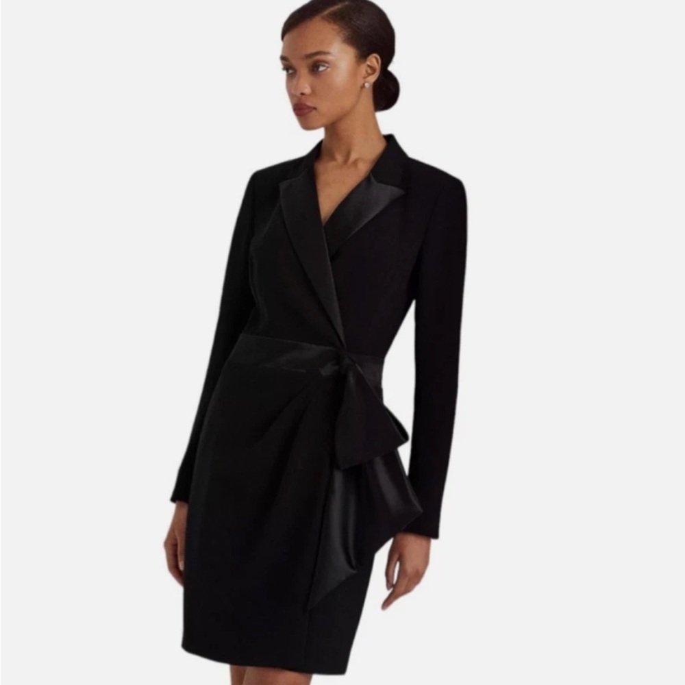 LAUREN RALPH LAUREN BLACK LABEL SATIN PEAK COLLAR FAUX WRAP TUXEDO DRESS SZ 10